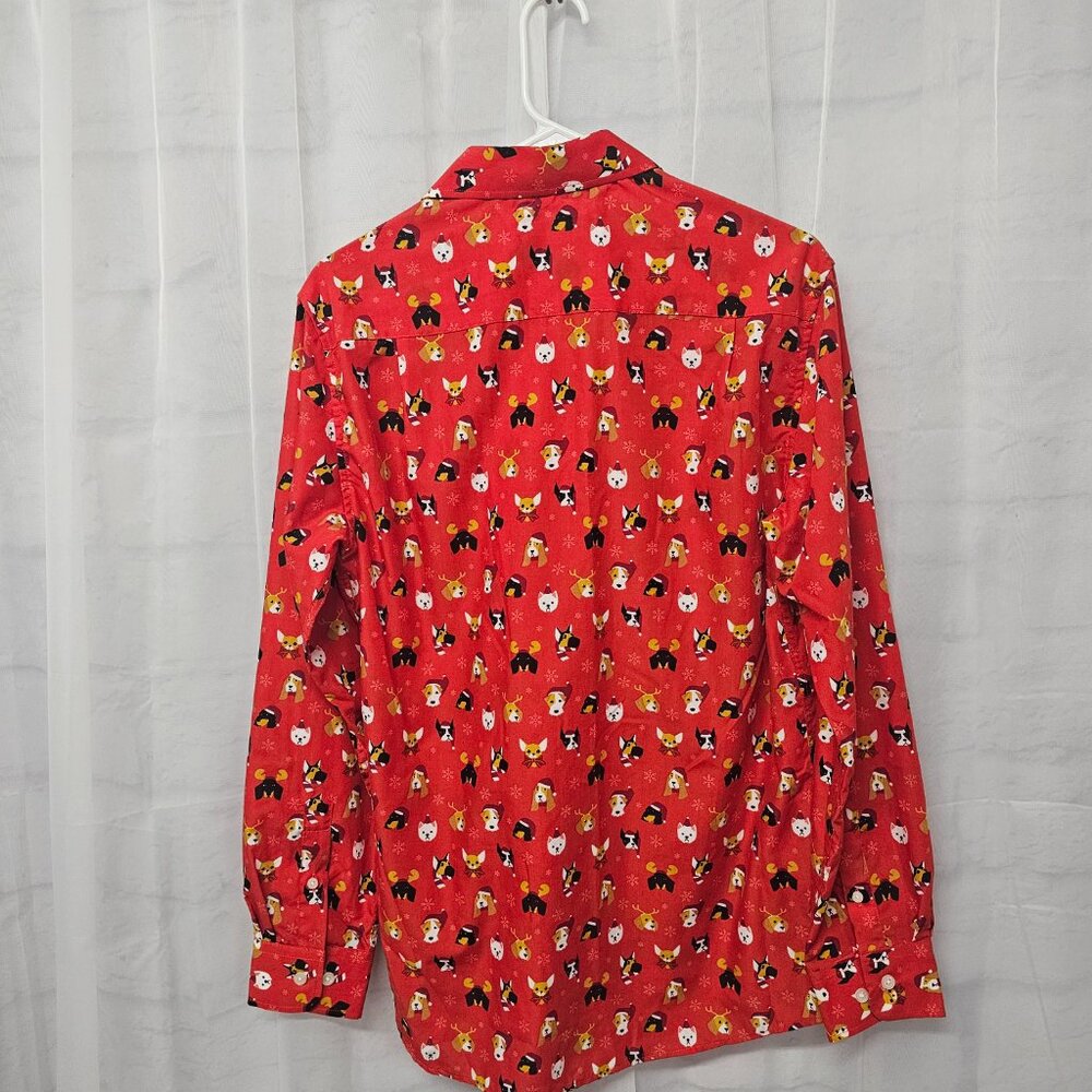 Simon Banks Blouse Red Christmas Dogs Button Down Casual Holiday Unisex M - Picture 6 of 8